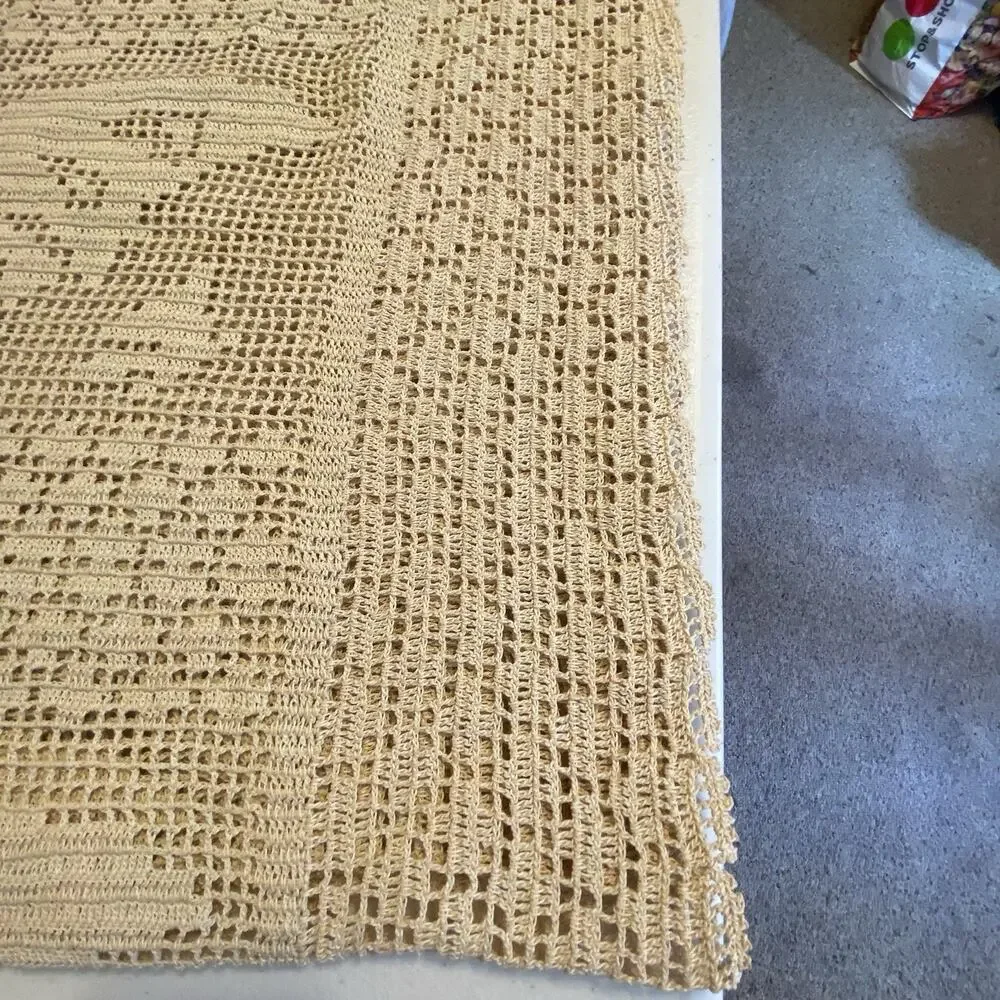 VTG 80s HandCrocheted Lace Tablecloth Beige Handmade Butterfly CottageHome 61x58